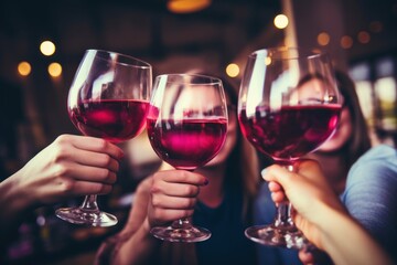 A group of people gathered together, raising their wine glasses in celebration. Perfect for social events, parties, and toasting moments.