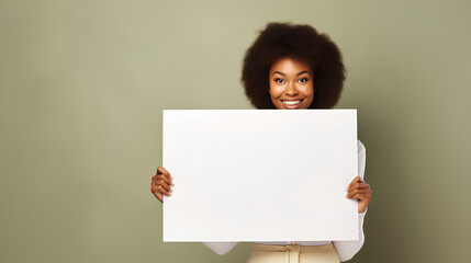 Happy young woman holding blank white banner sign, Beautiful african american girl showing white board over beige wall background