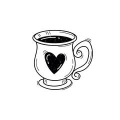 Line black and white illustration of exquisite mug, cup of tea or coffee with heart in doodle style isolated on a white background