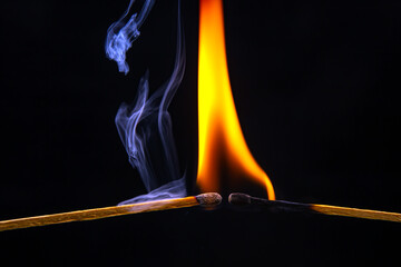 Fire and smoke. Burning and smoking match on a black background. Heat and light from fire flame