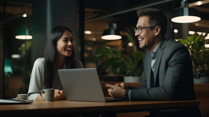 Mature Latin manager mentor talking to young Asian female coworker, showing online project results at meeting. Two happy diverse professional executives team working in office using pc laptop - obrazy, fototapety, plakaty