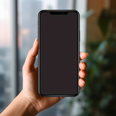 Young woman hands holding cell phone on mockup black blank display, empty screen for social media app ad at home. Mobile application tech concept, closeup. AI Generated