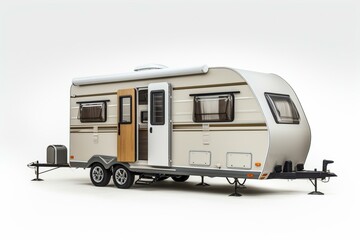 Luxury camping trailer on a white backdrop. Generative AI