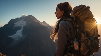 Woman Hiking Mountains Using Hiking Equipment and Clothing