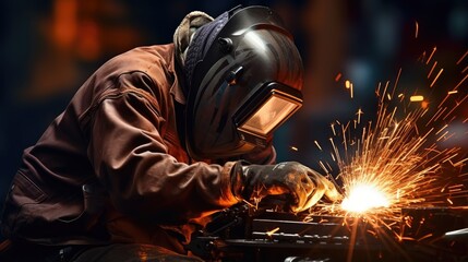 A masked welder welds parts