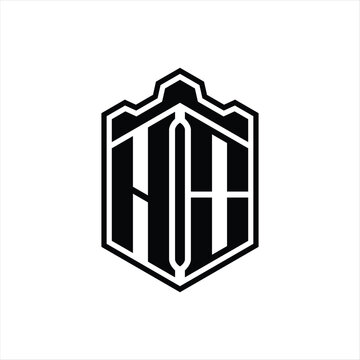 recommend clip art: HO Letter Logo monogram hexagon shield shape crown castle with outline style design