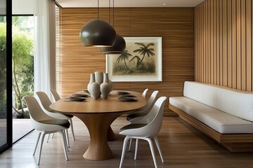 Contemporary dining nook in a wooden panel residence. Generative AI