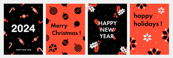 Happy New Year and Merry Christmas. Set of greeting cards posters holiday covers. Modern Christmas design in red and black. Vector illustration