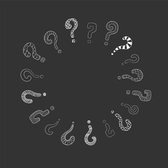 Fototapeta na wymiar Circle frame of question marks, hand drawn in doodle style, vector illustration. Question symbol for print and design. Quiz and Exam concept, isolated elements on a chalk board background