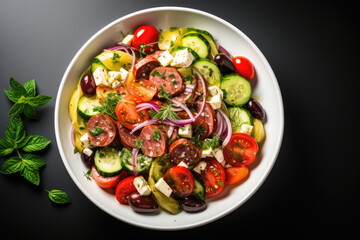 Pasta salad with tomato, black olives, cucumber and feta cheese. healthy food