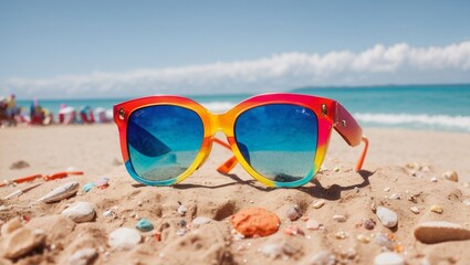 Fototapeta na wymiar Colored sunglasses on beach
