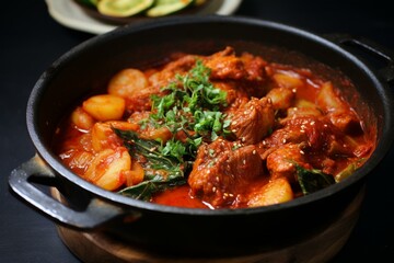 Korean pork stew with spicy kimchi. Generative AI