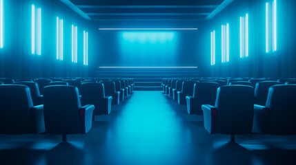 Movie cinema hall interior with blue row of seats. Ai generative illustration
