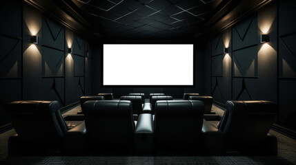 Fototapeta premium Movie cinema hall interior with rows of seats and white blank mockup screen. Ai generative illustration
