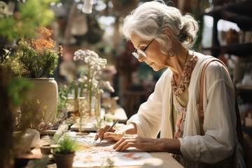 An elderly woman exploring a new hobby, highlighting the opportunities for lifelong learning. Generative Ai.