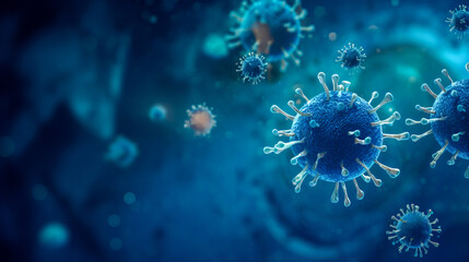 Close up macro details of blue microbes molecules virus bacteria. Coronavirus outbreak COVID-19. Medicine concept. Ai generative illustration
