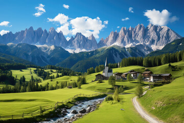 Fototapeta na wymiar Panoramic view of idyllic mountain scenery in the Alps with fresh green meadows in bloom on a beautiful sunny day in springtime.