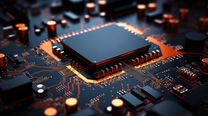 Fototapeta na wymiar Closeup hardware background of motherboard. Circuit cpu microchip digital. Concept of technology. Ai generative illustration