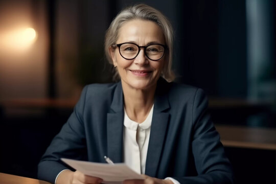 Miling Mature Business Woman Hr Holding Cv At Job Interview. Happy Mid Aged Professional Banking Financial Manager, Insurance Agent, Lawyer Consulting Clients Sitting At Work Corporate Office Meeting