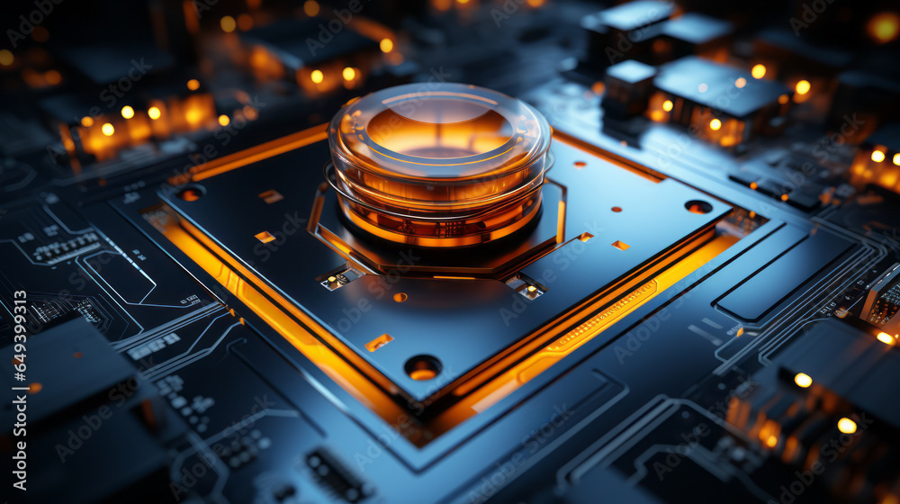 Poster closeup hardware background of motherboard. circuit cpu microchip digital processor. concept of tech