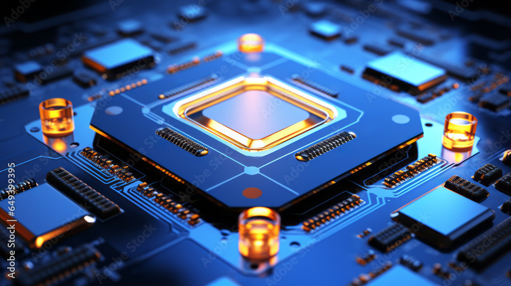 Poster closeup hardware background of motherboard. circuit cpu microchip digital processor. concept of tech