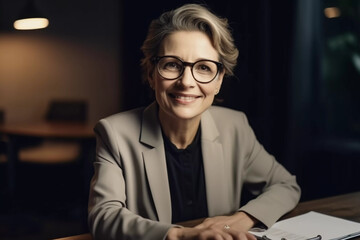 miling mature business woman hr holding cv at job interview. Happy mid aged professional banking financial manager, insurance agent, lawyer consulting clients sitting at work corporate office meeting