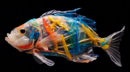 Fish made of plastic bags are swiming in the ocean. Contamination of the Oceans. Marine plastic pollution concept. Environmental pollution. Black background. Ai generative