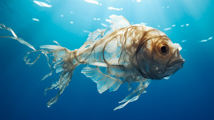 Fish made of plastic bags are swiming in the ocean. Contamination of the Oceans. Marine plastic pollution concept. Environmental pollution. Ai generative - obrazy, fototapety, plakaty