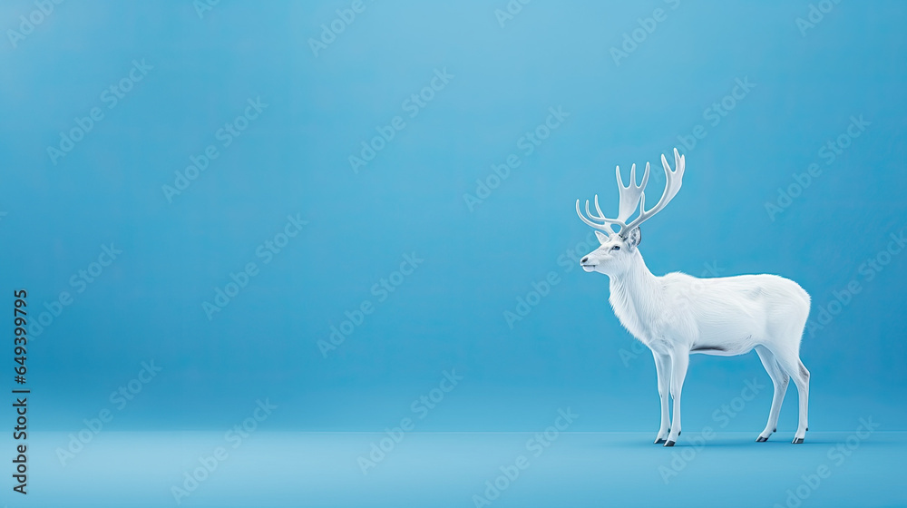 Wall mural white reindeer on pastel blue background. christmas or new year minimal concept. copy space greeting