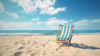 Two beach chairs on sea shore under blue clear sky. Stunning beach background, summer vacation concept.