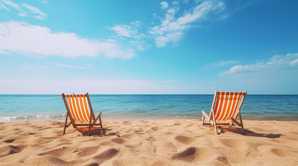 Two beach chairs on sea shore under blue clear sky. Stunning beach background, summer vacation concept.