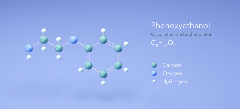 phenoxyethanol molecule, molecular structures, glycol ethers, 3d model, Structural Chemical Formula and Atoms with Color Coding