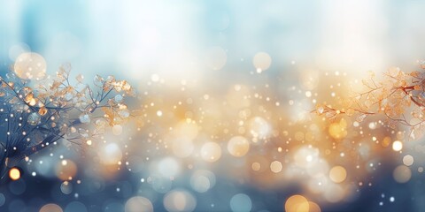 Blurred out winter season abstract nature background with lots of snowy bokeh and a bright center spotlight and a subtle vignette border. - obrazy, fototapety, plakaty