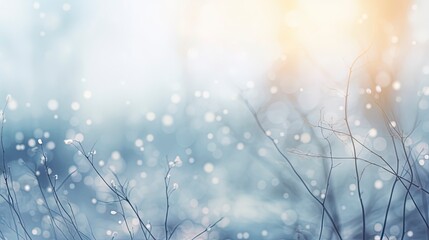 Blurred out winter season abstract nature background with lots of snowy bokeh and a bright center spotlight and a subtle vignette border. - obrazy, fototapety, plakaty