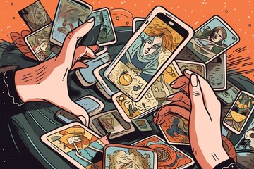 Illustration of tarot cards intertwined with a smartphone. Generative AI