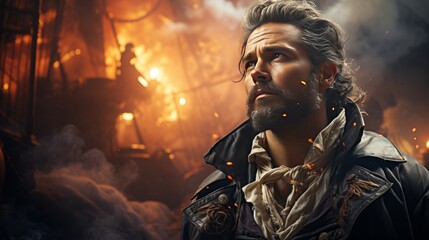 Male captain with beard and a burning ship in the background. Made with Generative AI. 
