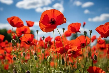 Memorial poppies, red flowers honoring fallen veterans, Armistice Day, wildflowers, blooming field landscape, meadow. Generative AI - obrazy, fototapety, plakaty