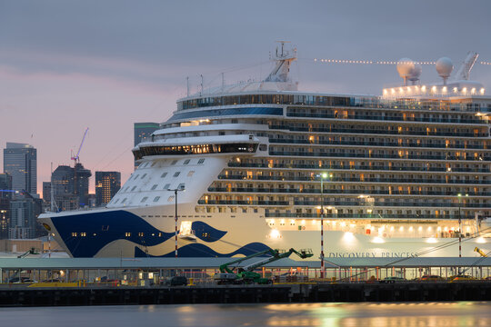 Seattle - September 17, 2023; Bow of Discovery Princess cruise ship at dawn in port at Seattle Pier 91