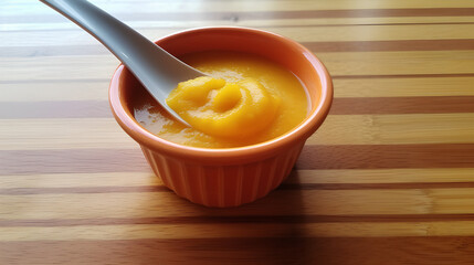 Carrot puree in a cup with a baby spoon on the table, top view. Baby food.