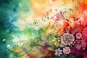 Abstract watercolor background with floral patterns. Generative AI