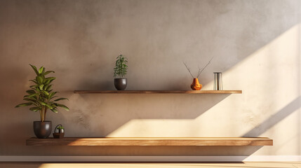Wood wall floating shelf on stucco wall. Storage organization for home. Interior design of modern living room.