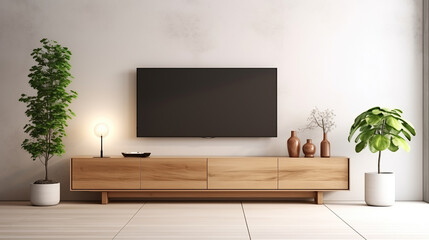 Wooden tv unit in spacious room. Scandinavian home interior design of modern living room.