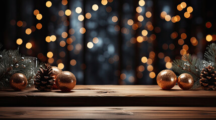 Christmas decoration on wooden background, flat lay. Space for text