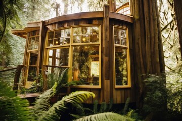 Modern wooden house in the forest. A country house in the forest. Ecological housing. Tree house.