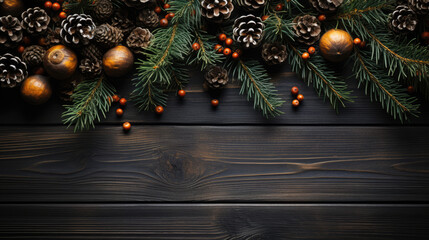 Christmas decoration on wooden background, flat lay. Space for text