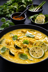 Curry soup with chicken meat, zucchini and chow mein  noodles on black background