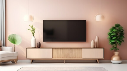 Wooden tv unit in spacious room. Scandinavian home interior design of modern living room. - obrazy, fototapety, plakaty