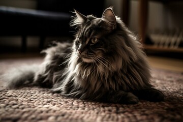A dark, furry feline being cleaned on rug in cozy lounge. Generative AI