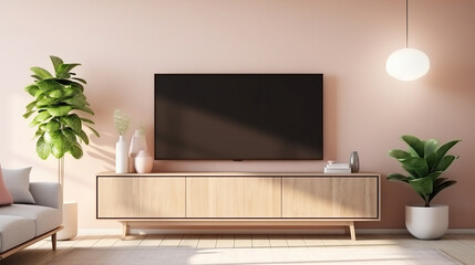 Wooden tv unit in spacious room. Scandinavian home interior design of modern living room.