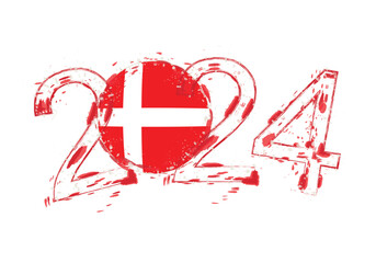 2024 Year in grunge style with flag of Denmark.